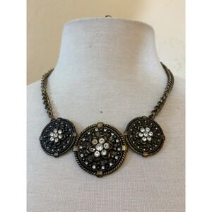 Antique Bronze Tone Ornate Medallion Rhinestone Statement Necklace Vintage Style